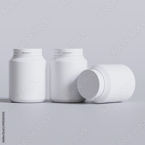 Plastic bottle white color, throat, capsule, pills isolated on gray background. 3D rendering illustration  photo