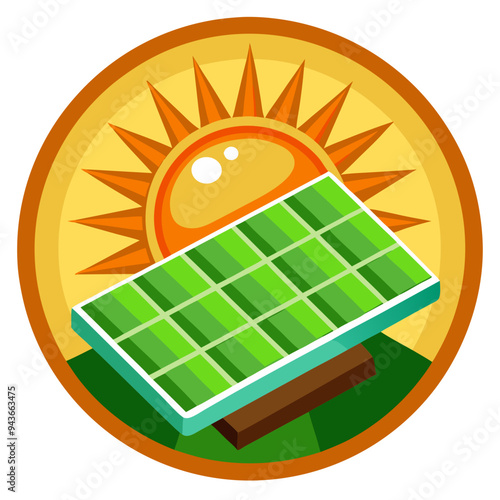 Green and Brown Solar Panel Icon with Sun, Renewable Energy Concept.