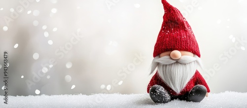 Christmas postcard featuring a Scandinavian gnome in a red hat Gnome on a white background with blank space for text. with copy space image. Place for adding text or design