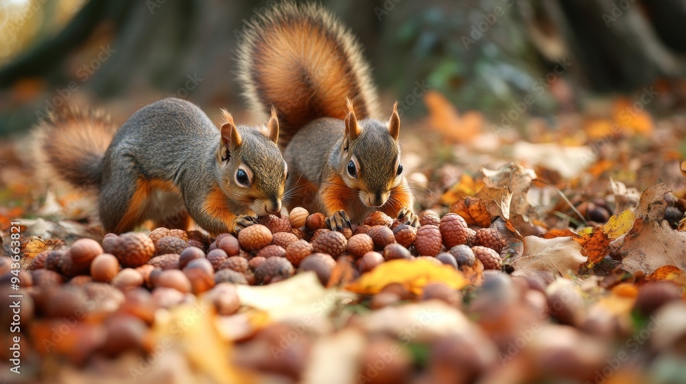 Obraz premium Squirrels harvesting acorns in a sustainable manner, only taking what they need for the winter.