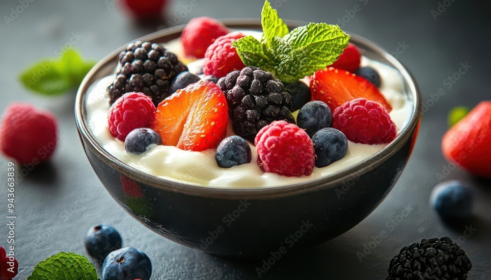 Yogurt in a bowl with fresh fruit, ready for a healthy breakfast, Fresh, Bright, Detailed Yogurt in a bowl with fresh fruit, ready for a healthy breakfast, Fresh, Bright, Detailed