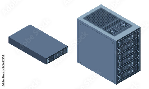 Isometric server. Server racks. Server boxes isolated. Network server room. Computer network technology. Vector illustration