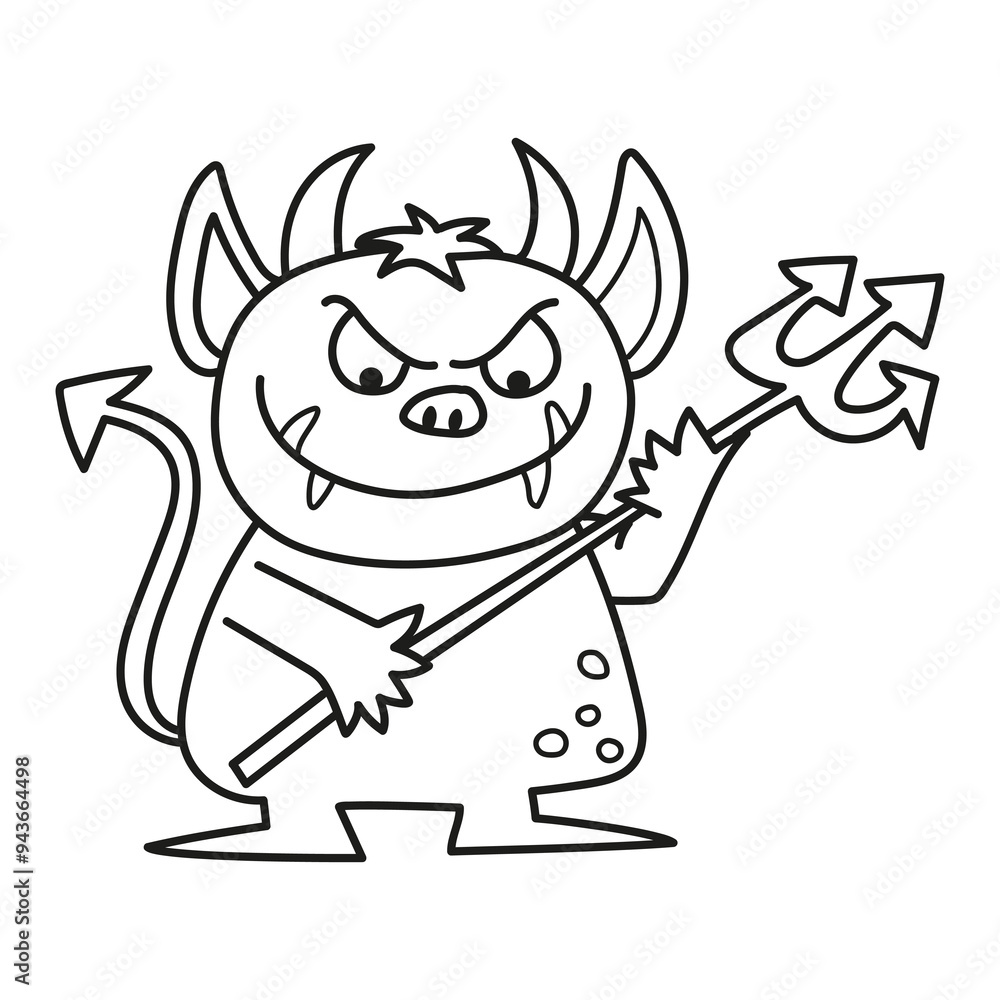 Obraz premium Black and white illustration of a demon with a trident, coloring page