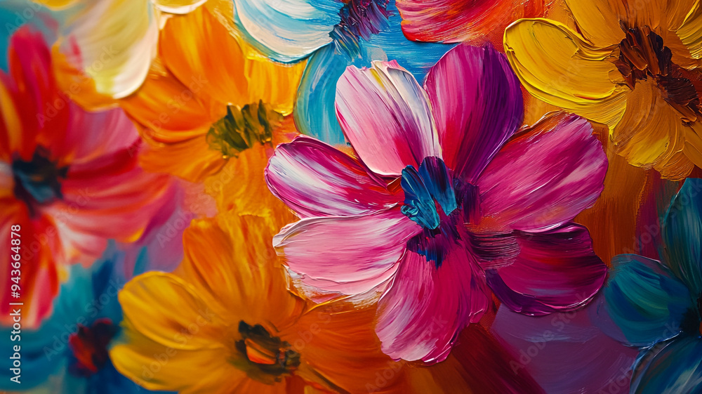 Vibrant oil painting of colorful flowers showcasing bright blooms in various shades during a sunny day Vibrant oil painting of colorful flowers showcasing bright blooms in various shades during a sunny day