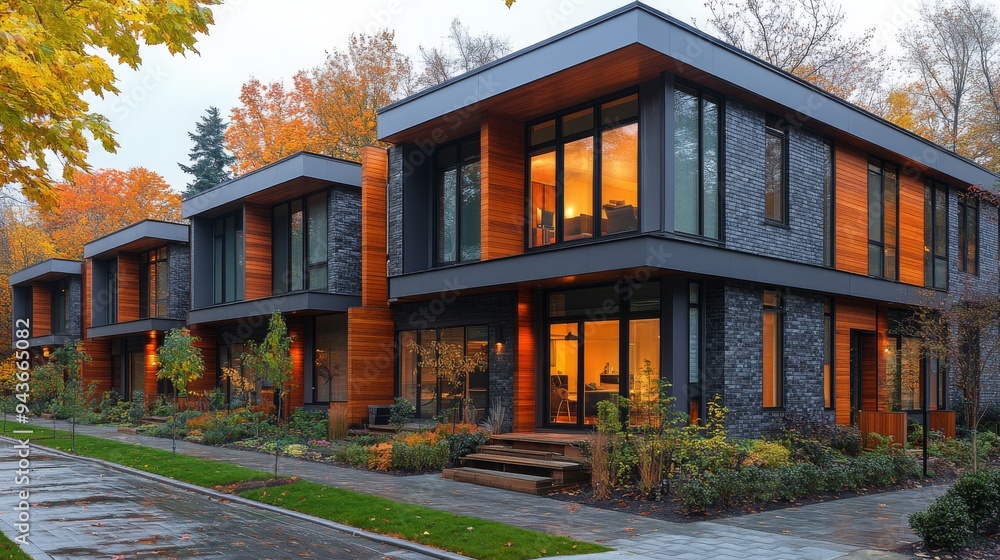 Naklejka premium A contemporary city block showcases eco-friendly design with passive solar heating amidst vibrant autumn foliage.