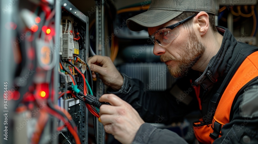 A man in a black and orange vest is working on a power box A man in a black and orange vest is working on a power box