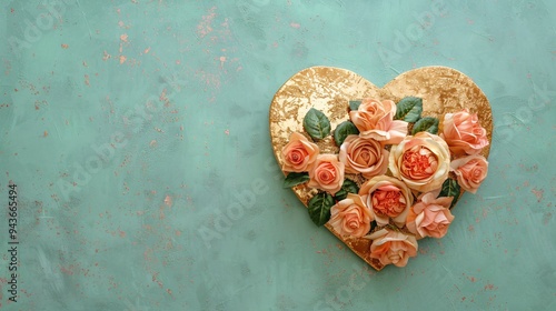 Peach Roses and Gold Heart, Romantic Background
