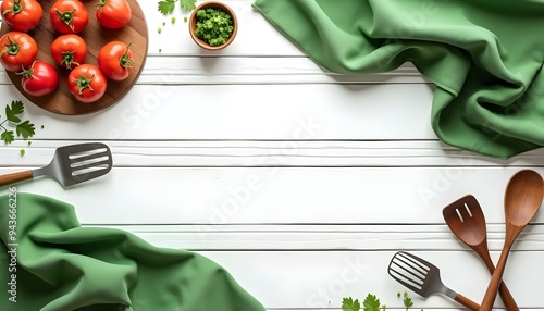White wooden table covered with green tablecloth and cooking utensils. View from top. Empty tablecloth for product montage. Free space for your text, food background, food banner concept 