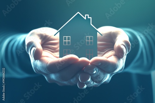 Hands gently cupping a luminous, holographic house symbol, representing home security and futuristic real estate concepts.