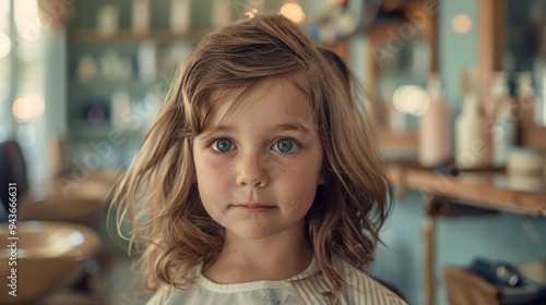 Toddler girl getting her hair cut in a cinematic medium shot, captured by Hasselblad X1D, tonally rich, clean visuals, tan accents. photo