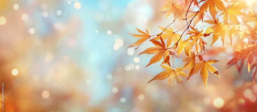 Autumn yellow Japanese maple leaves against a blurred sky creating a nature background with bokeh. with copy space image. Place for adding text or design Autumn yellow Japanese maple leaves against a blurred sky creating a nature background with bokeh. with copy space image. Place for adding text or design