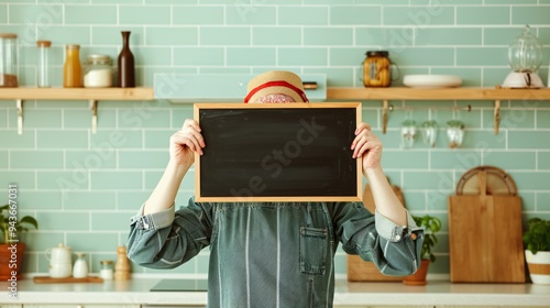 Woman Holding Blank Blackboard in Kitchen