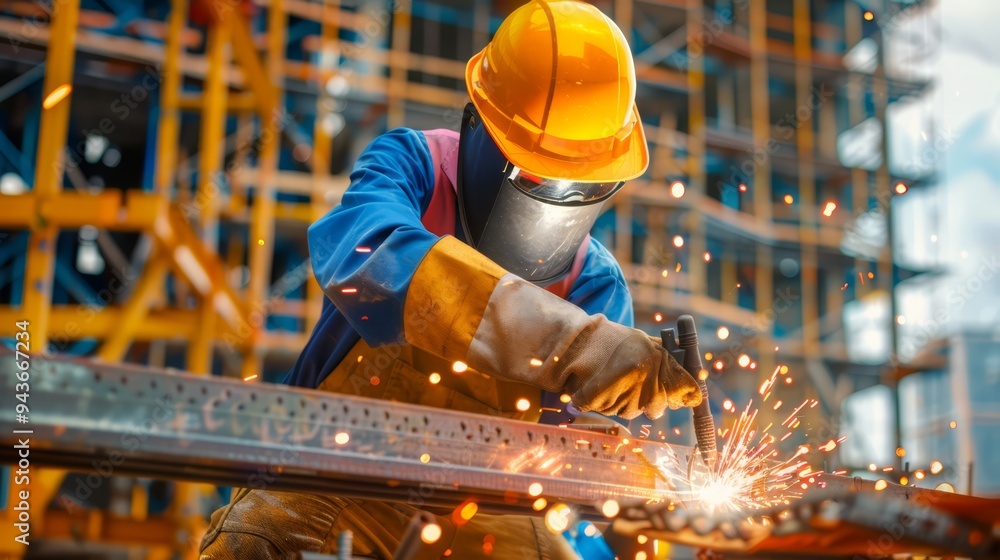 Construction worker using a circular saw to cut metal materials, with a dynamic view of the action and the construction site Construction worker using a circular saw to cut metal materials, with a dynamic view of the action and the construction site
