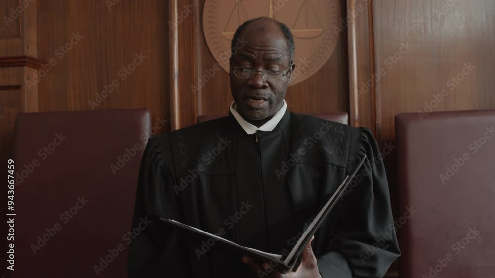 African American male judge dressed in black robe passing verdict while standing with open folder and looking at juridical document during court trial