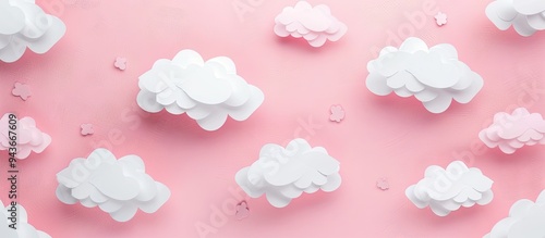 White paper cut out clouds set against a pink background Flat lay mock up copyspace