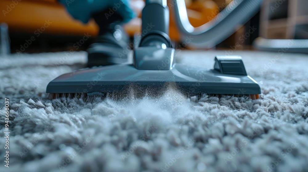 Zoomed-in shot of carpet fibers being lifted and cleaned by a powerful vacuum cleaner, guided by a professional. Zoomed-in shot of carpet fibers being lifted and cleaned by a powerful vacuum cleaner, guided by a professional.