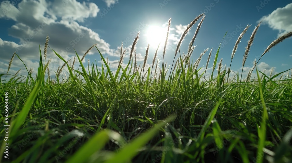 Fototapeta premium Close-up view of green grass blades swaying in the sunlight with a bright blue sky and fluffy clouds overhead.