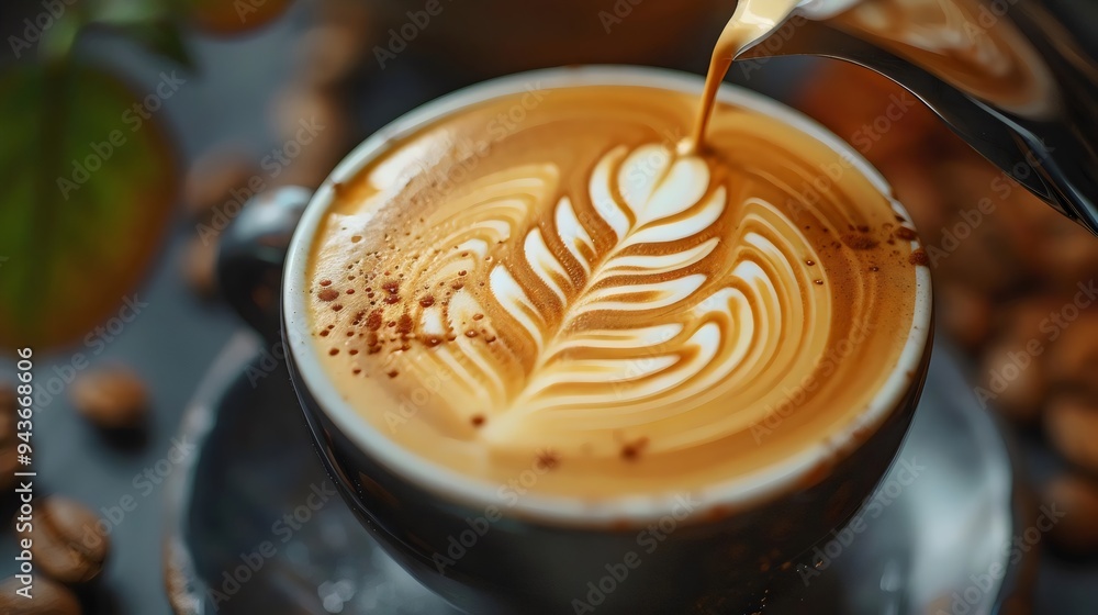 A cup of coffee with a leaf design on top A cup of coffee with a leaf design on top