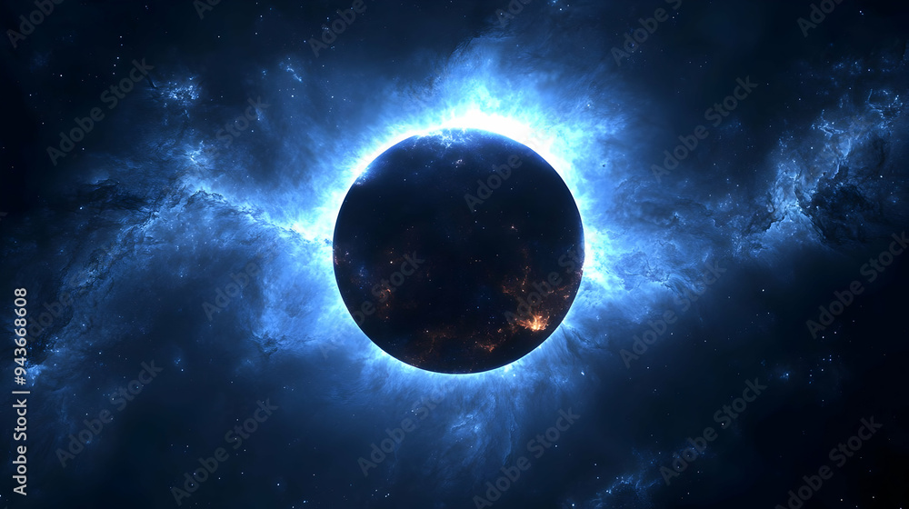A glowing blue nebula surrounds a dark planet in space. A glowing blue nebula surrounds a dark planet in space.