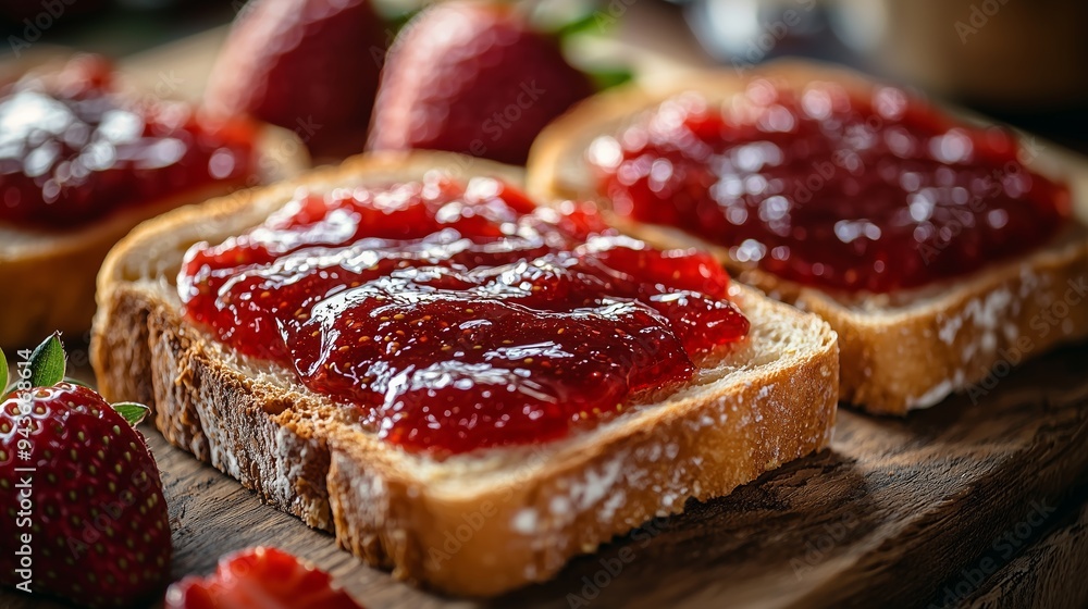 A close-up view of strawberry jam spread on a slice of bread, highlighting the rich red color and glossy texture of the jam, making it look appetizing A close-up view of strawberry jam spread on a slice of bread, highlighting the rich red color and glossy texture of the jam, making it look appetizing