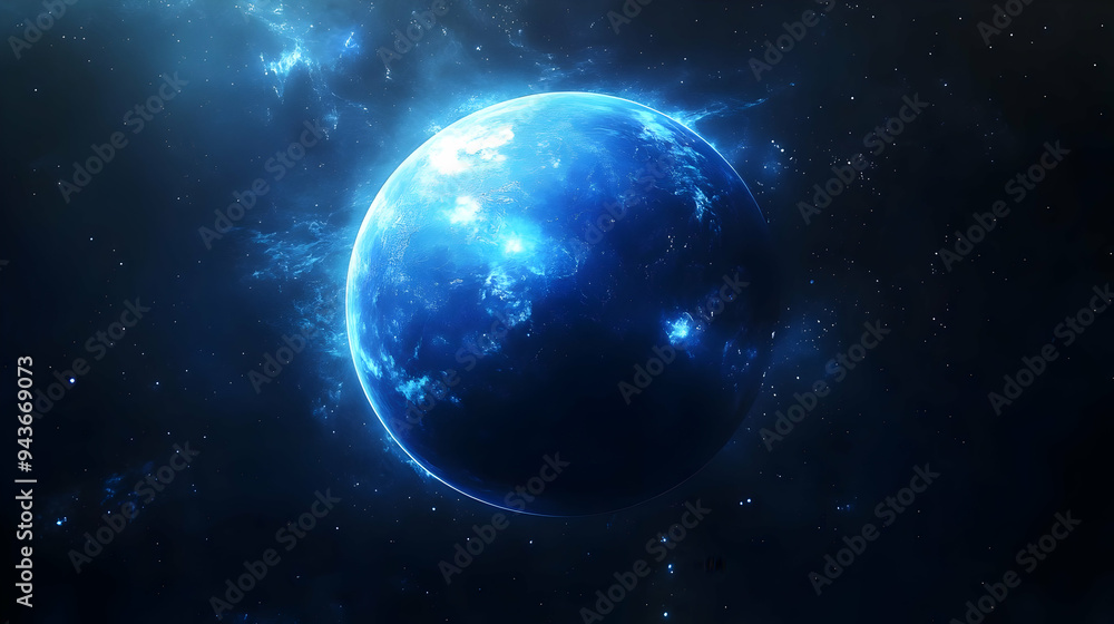 Fototapeta premium A glowing blue planet in space with a starry background.