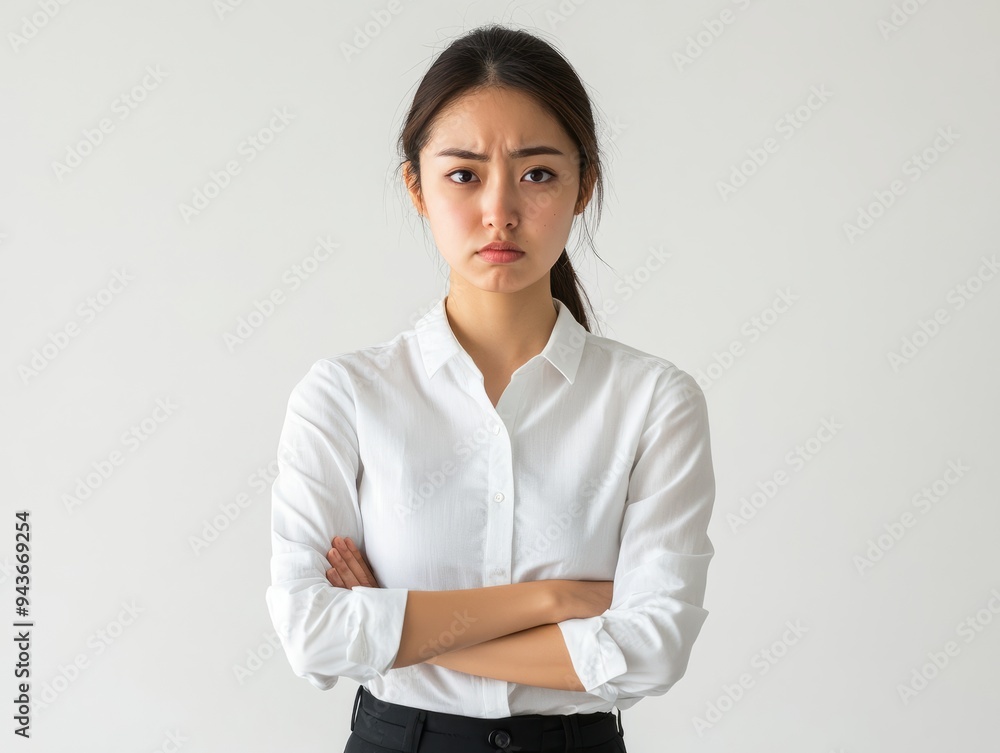 An Asian woman with a pixelated face, wearing a white shirt and standing with arms crossed against a plain background, symbolizing anonymity and privacy An Asian woman with a pixelated face, wearing a white shirt and standing with arms crossed against a plain background, symbolizing anonymity and privacy
