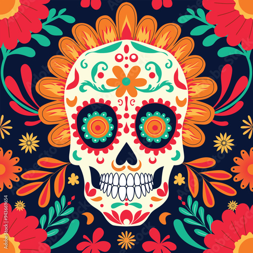 Sugar Skulls, skull pattern for day of the dead on dark background with bright colors