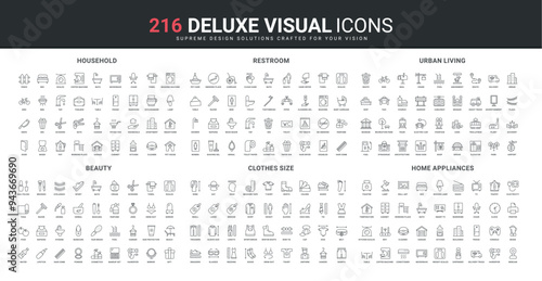 Beauty and hygiene at home, electrical appliances, household and city line icon set. Restroom sign for women and men, body measurements for clothing thin black outline symbols vector illustration