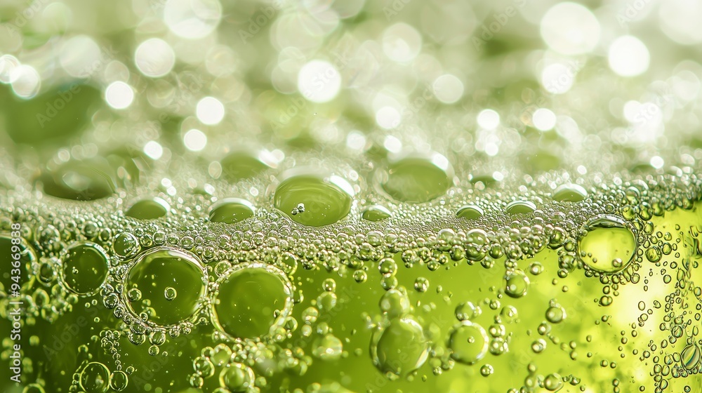 Fototapeta premium A close-up view of green soda with bubbles, emphasizing its fizzy and refreshing appeal