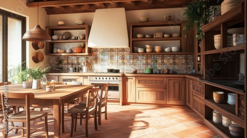 Rustic Kitchen with Wooden Furniture and Tile Backsplash