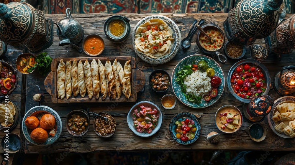 A top-down view of a traditional Middle Eastern feast with various colorful dishes spread across a rustic wooden table. A top-down view of a traditional Middle Eastern feast with various colorful dishes spread across a rustic wooden table.