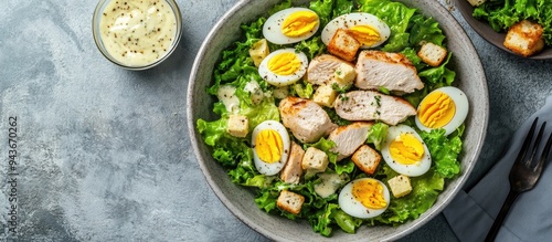 Fresh Caesar salad featuring lettuce chicken breast boiled eggs and croutons in a ceramic bowl with dressing on the side set on a gray table Classic healthy salad top view copyspace available