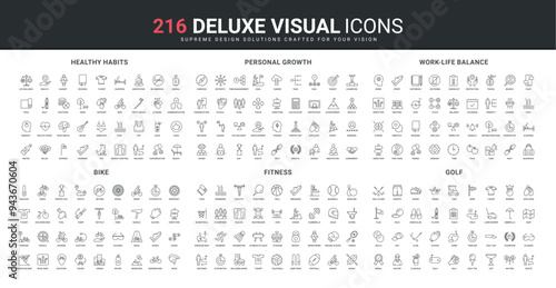 Healthy habit and food, work life balance of person, golf equipment line icon set. Yoga and meditation for mindset wellbeing, sport in gym, development thin black outline symbols vector illustration