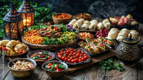 A vibrant display of assorted Mediterranean dishes on a wooden table, surrounded by ornate lanterns and fresh herbs.