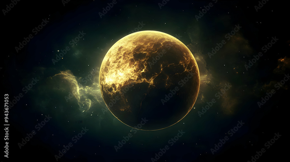 Naklejka premium A glowing golden planet in a dark space with stars and nebulae.
