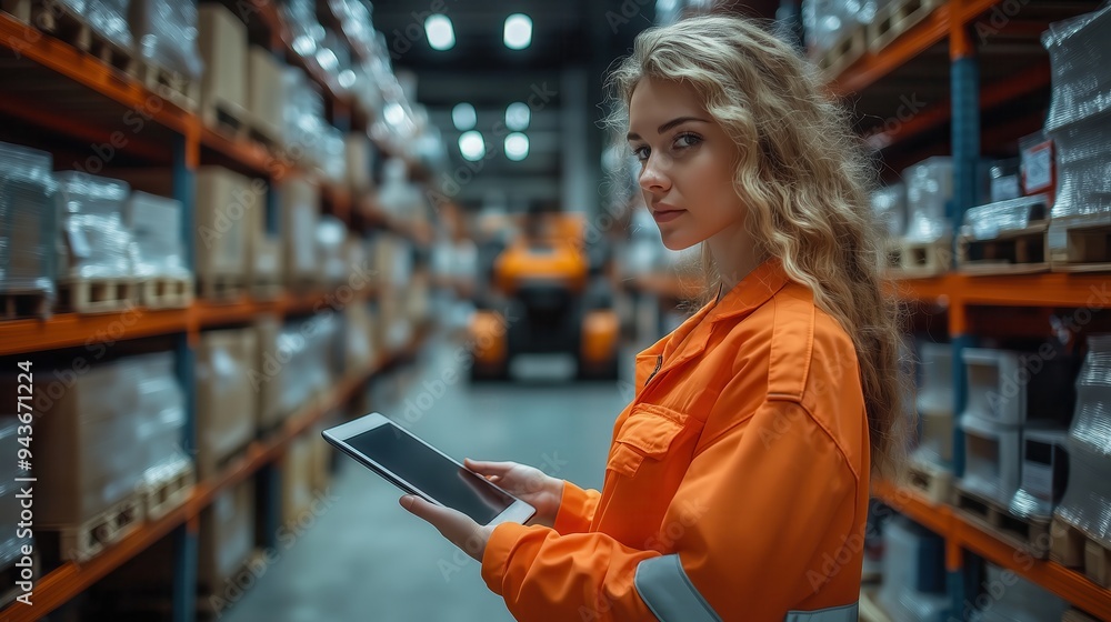 Female Logistics Worker Monitoring Inventory on Tablet. Female logistics worker monitors inventory using a tablet in a large warehouse, highlighting the integration of technology in modern logistics. Female Logistics Worker Monitoring Inventory on Tablet. Female logistics worker monitors inventory using a tablet in a large warehouse, highlighting the integration of technology in modern logistics.