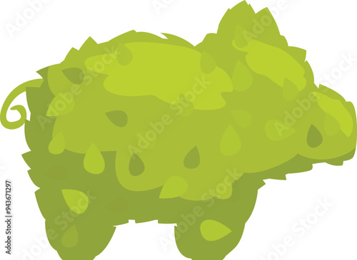 Green bush shaped like a pig standing on white background