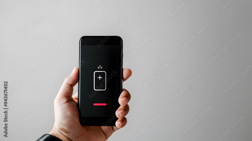 Close-up of a hand holding a smartphone showing a red low battery icon on the screen against a minimal light background Close-up of a hand holding a smartphone showing a red low battery icon on the screen against a minimal light background
