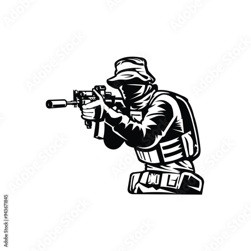 Military soldier in guerilla and jungle hat holding machine gun ready to engage vector isolated