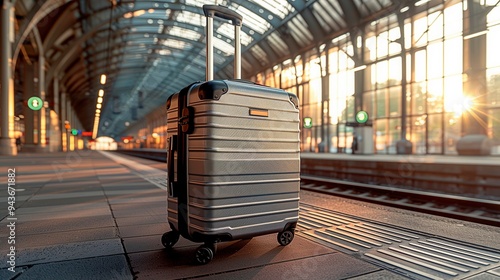 Fototapeta Naklejka Na Ścianę i Meble -  A silver suitcase waits at the train station during sunset, travel advertise, tourism advertising, copy space for text, tour advert