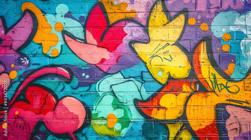 Vibrant Graffiti Mural on City Wall with Colorful Abstract Patterns and Shapes Vibrant Graffiti Mural on City Wall with Colorful Abstract Patterns and Shapes