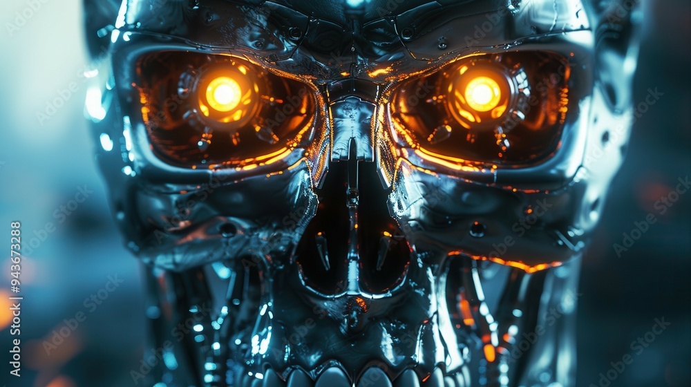 Stunning view of a metal robot skull with red glowing eyes. Close-up Stunning view of a metal robot skull with red glowing eyes. Close-up