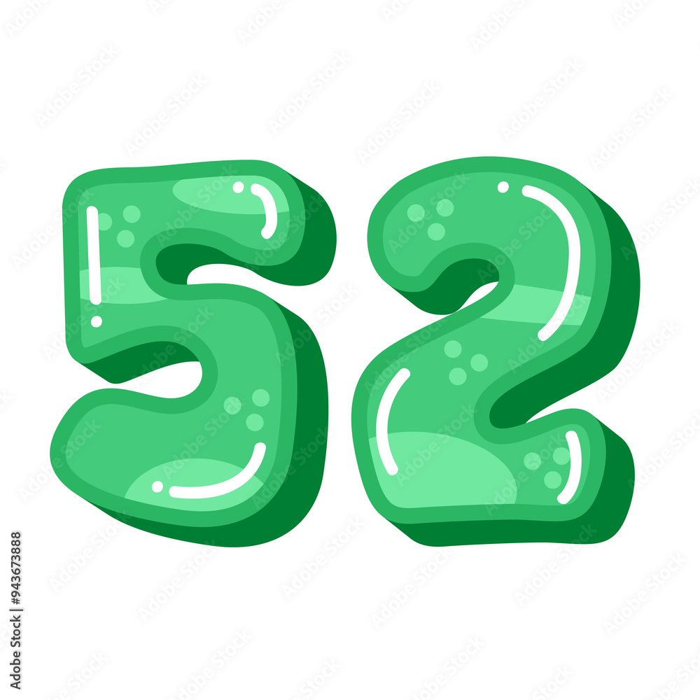 Naklejka premium Cute funny number 52 fifty two vector illustration, green number 52 image in cartoon style