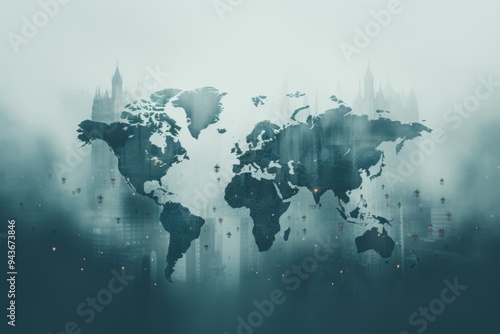 Wallpaper Mural Global data transfer  creative double exposure of world map and intercontinental data exchange Torontodigital.ca