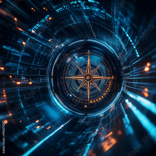 futuristic network of Digital and business transformation connected by graphs to a compass shown from tunnel view with side-lighting 