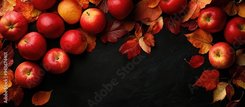 apples and fall leaves on a...