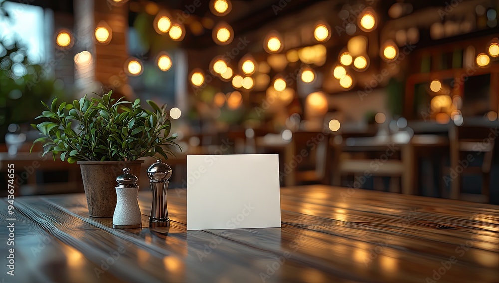 A restaurant table setting with a blank menu card, salt and pepper shakers, and a potted plant. A restaurant table setting with a blank menu card, salt and pepper shakers, and a potted plant.