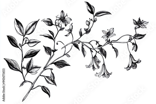 Black and white Vintage engraved art of bluebell creeper vines, isolated on white background, ink sketch illustration, simple vector art design, highly detailed line art, high contrasty 