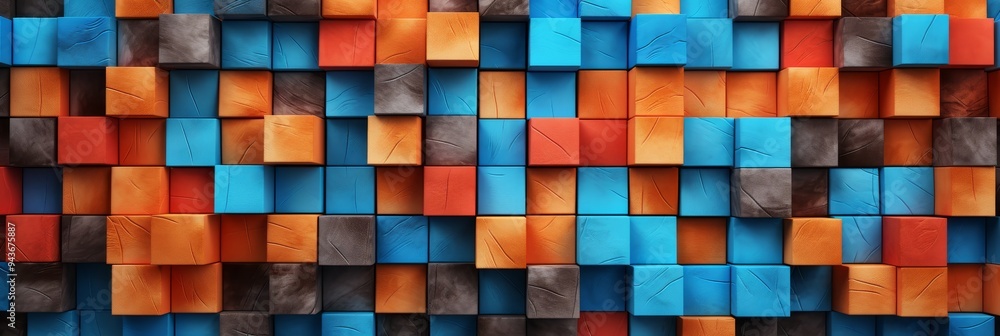 Fototapeta premium Vibrant 3d cube wooden wall banner panorama with colorful wood texture for immersive display