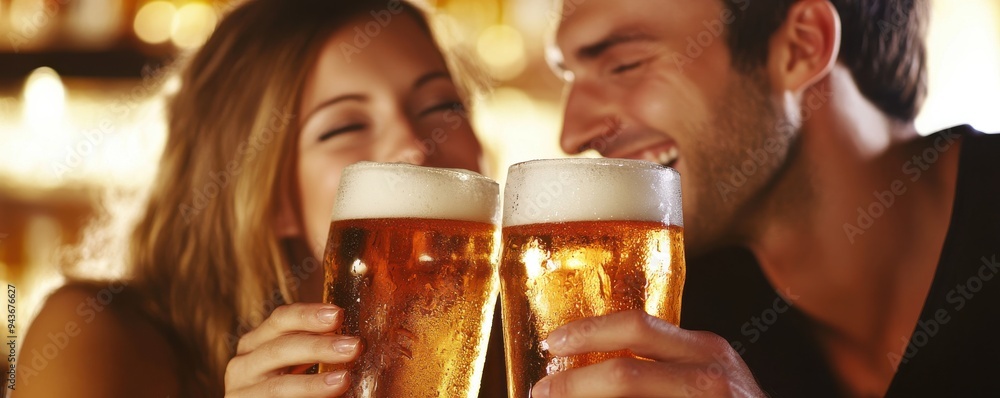 Close-up of a happy couple toasting with frosty beer glasses in a warm, cheerful atmosphere at a bar. Perfect for celebrating friendship and relaxation. Close-up of a happy couple toasting with frosty beer glasses in a warm, cheerful atmosphere at a bar. Perfect for celebrating friendship and relaxation.